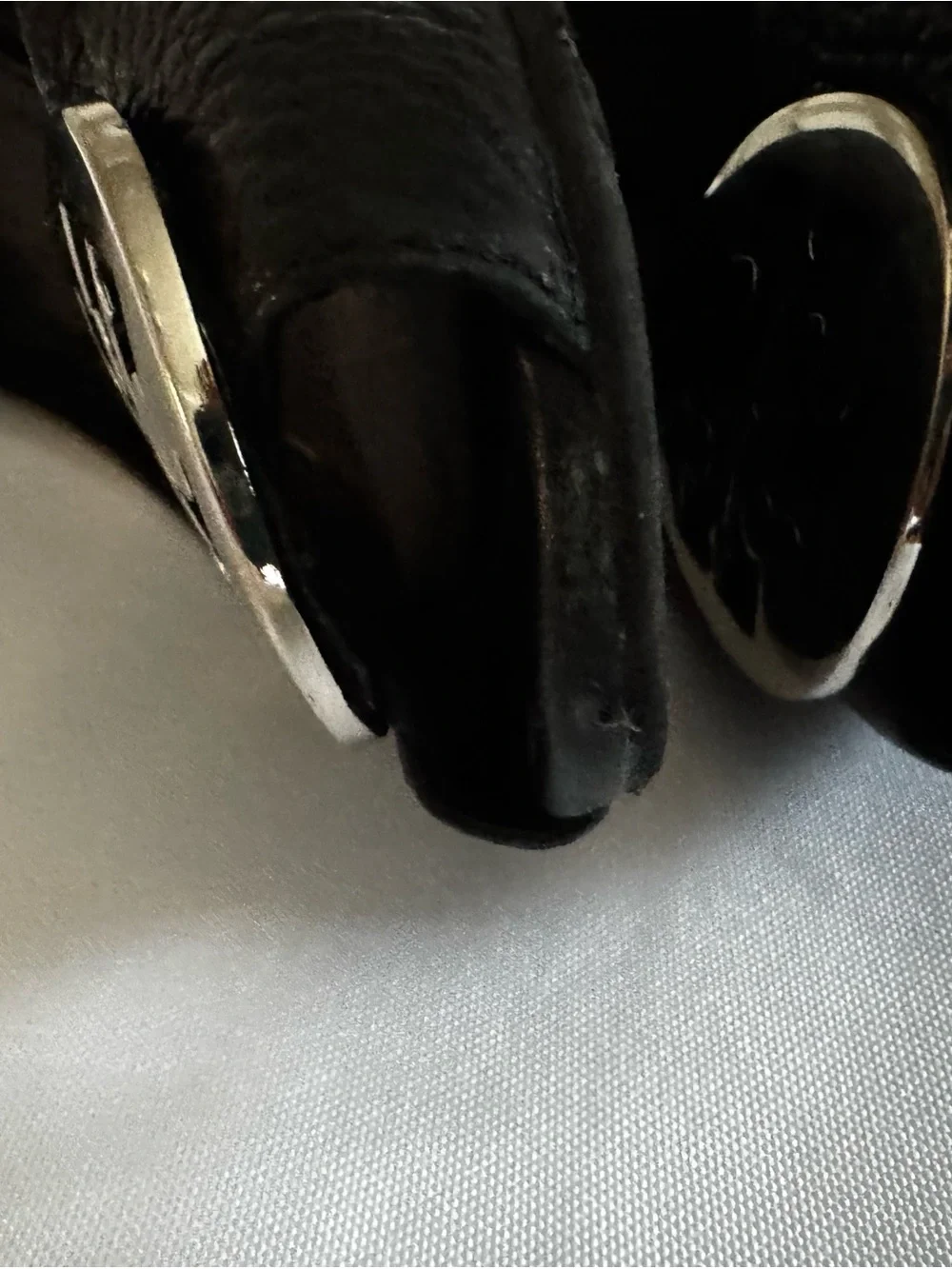 Tory Burch Black Leather Peep-Toe Flats with Silver Logo Medallions